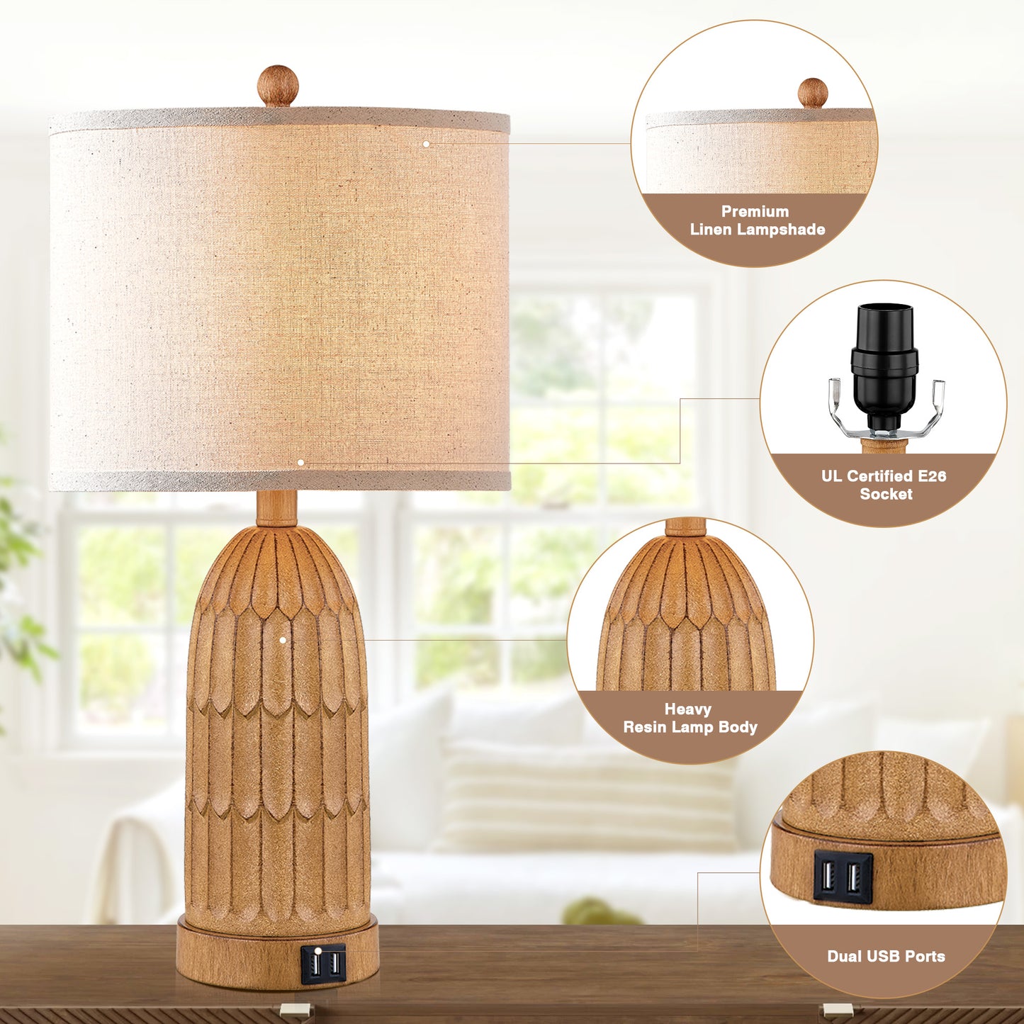 Cinkeda Twinset Brown Resin Table Lamps + USB Ports + Touch-sensitive 3-Way Dimmable Switch