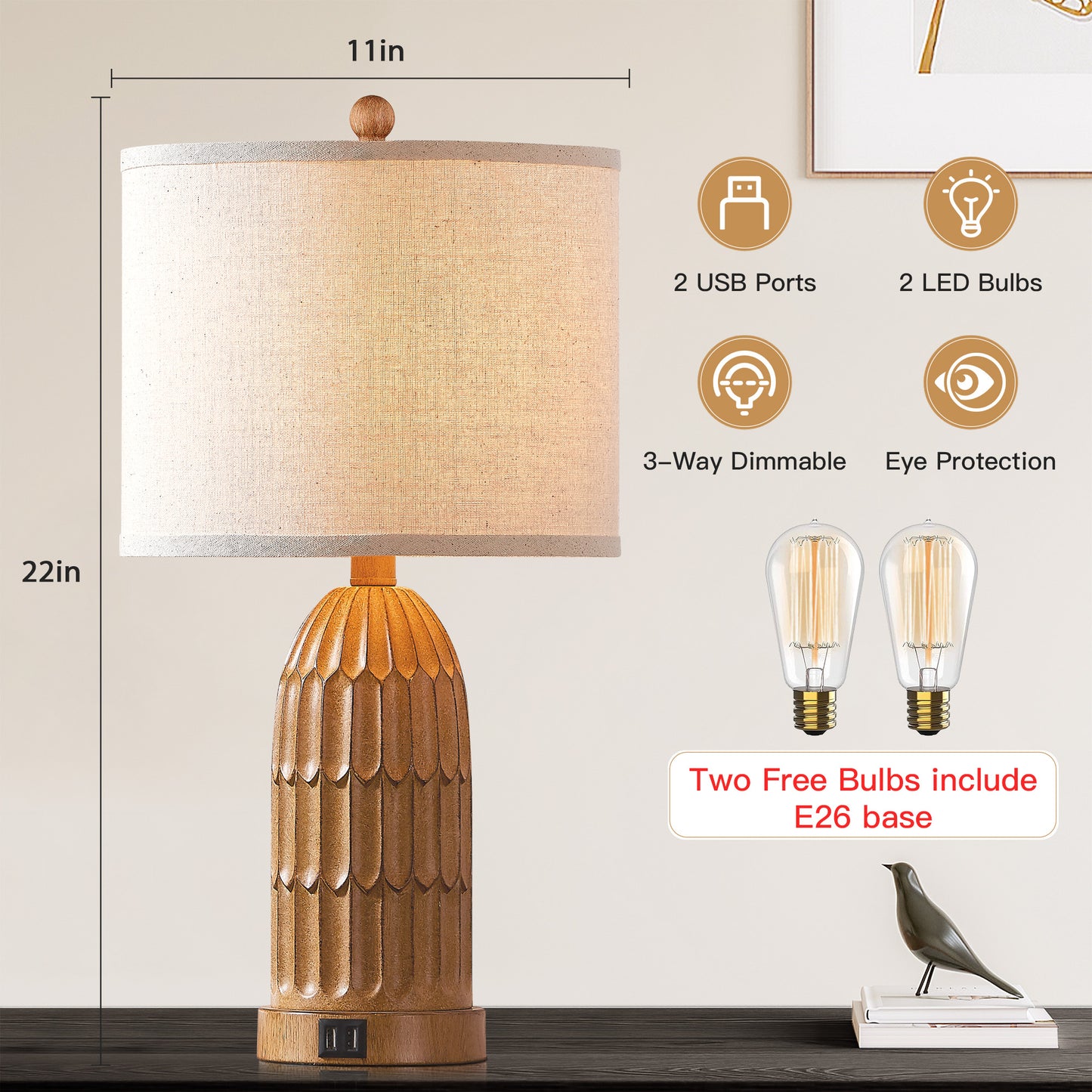 Cinkeda Twinset Brown Resin Table Lamps + USB Ports + Touch-sensitive 3-Way Dimmable Switch