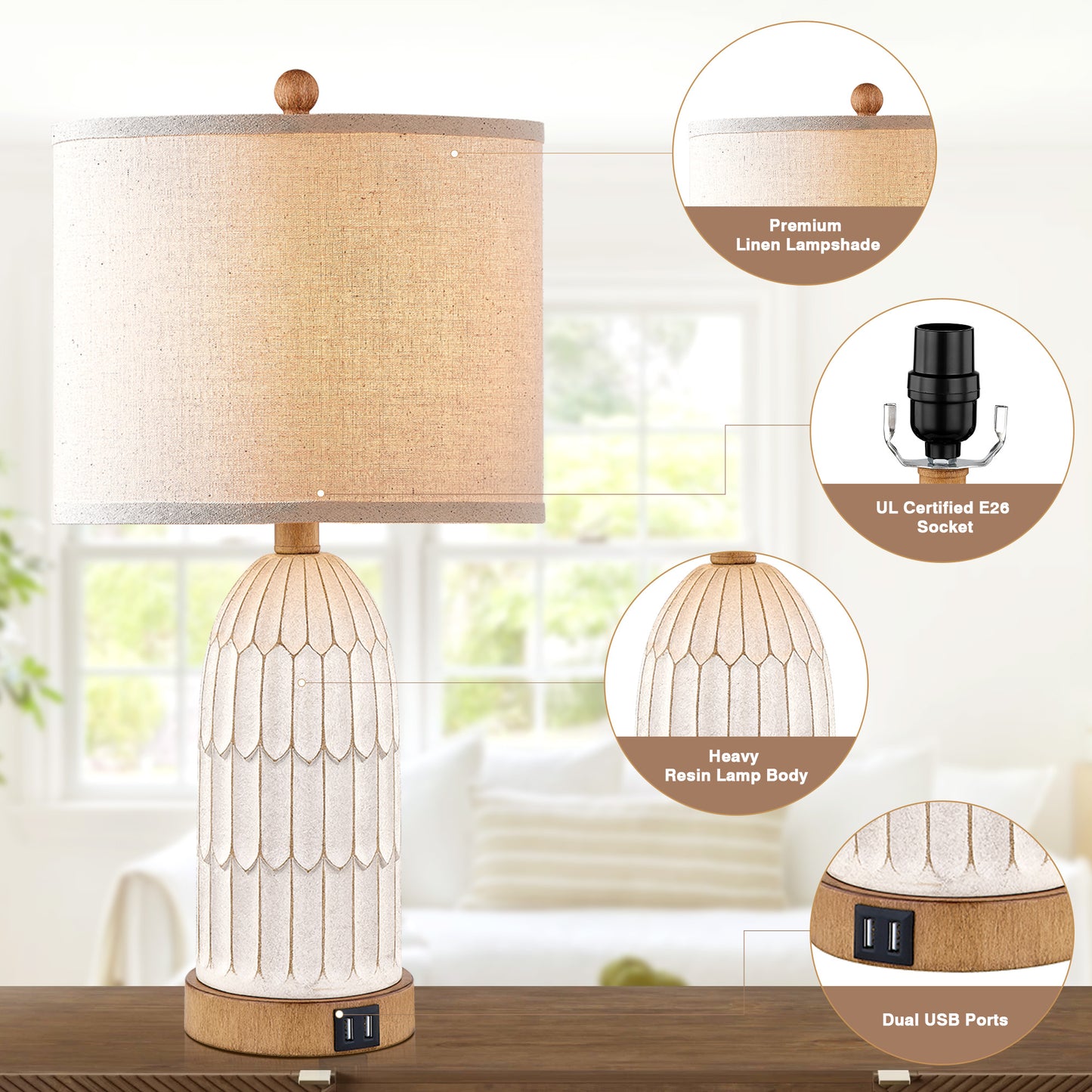 Cinkeda Resin Church Dome Style Table Lamp + USB Charging Ports + Touch Switch