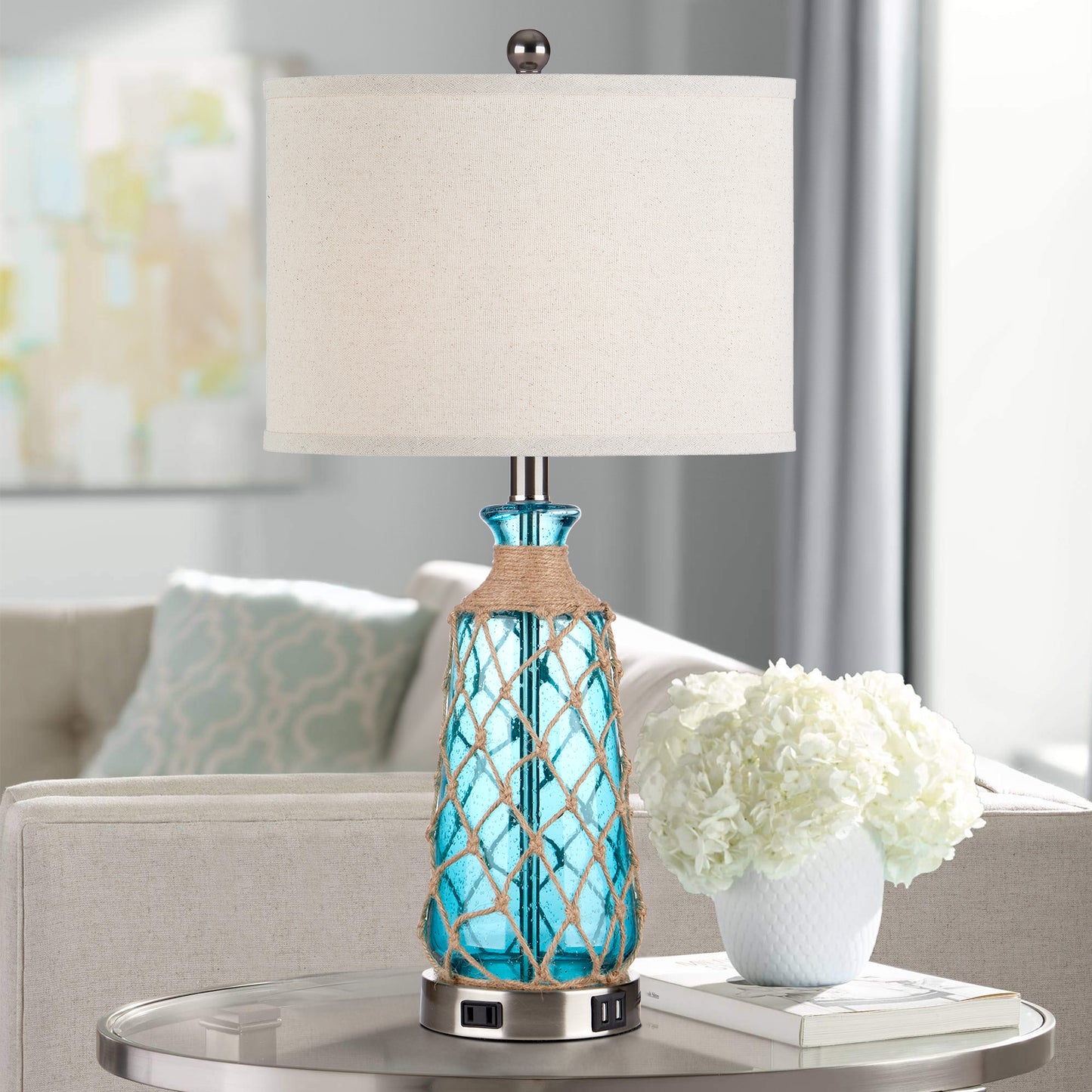 Cinkeda Ocean Blue Creative Rattan & Glass Twinset Table Lamps