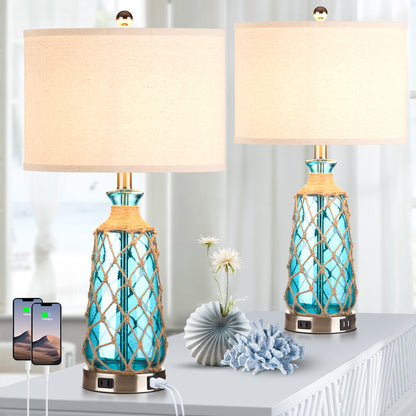 Cinkeda Ocean Blue Creative Rattan & Glass Twinset Table Lamps