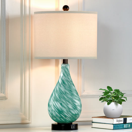 Green Ceramic Table Lamp with Fabric Lampshade & Ceramic Frame & Dual USB Charging Ports & Touch-sensitive Control Switch