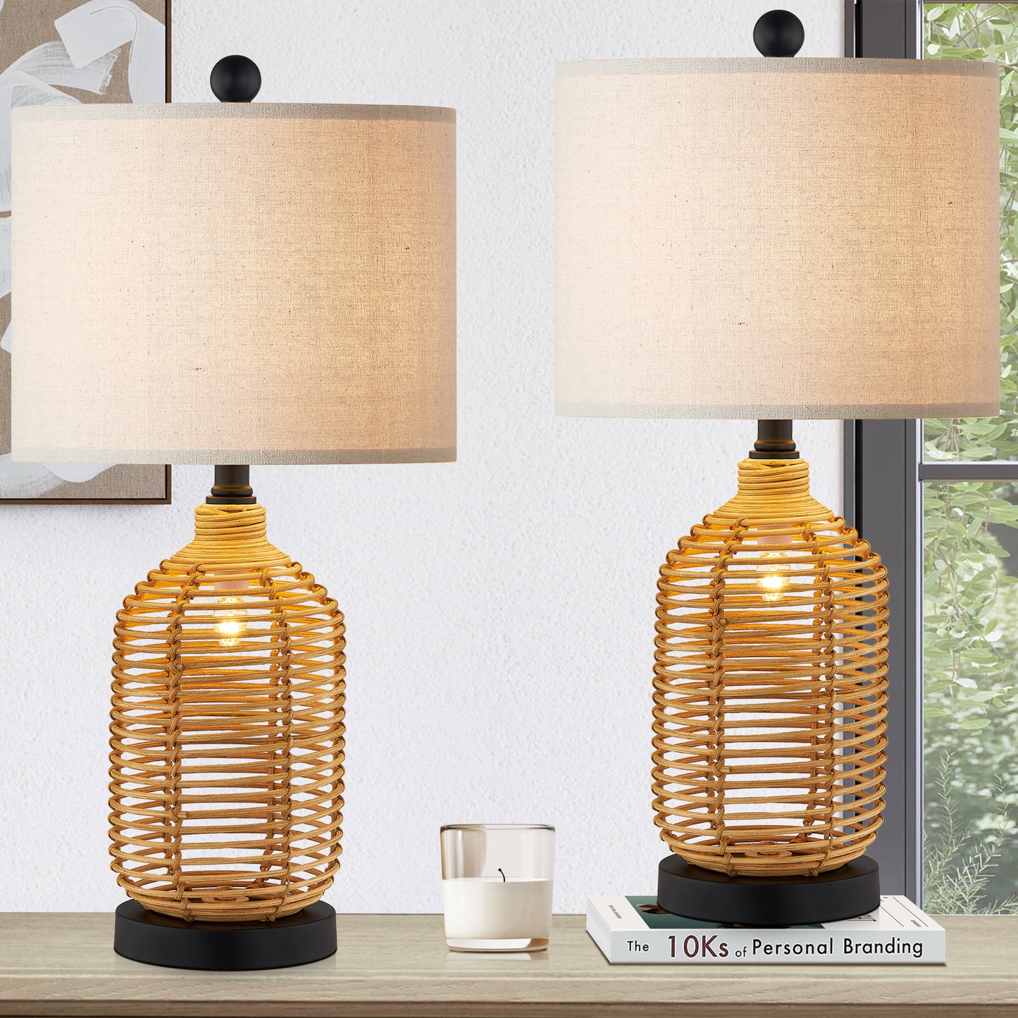 Twinset Versatile Rattan Table Lamp with 3-Way Rotary Switch & Dual Lighting Modes