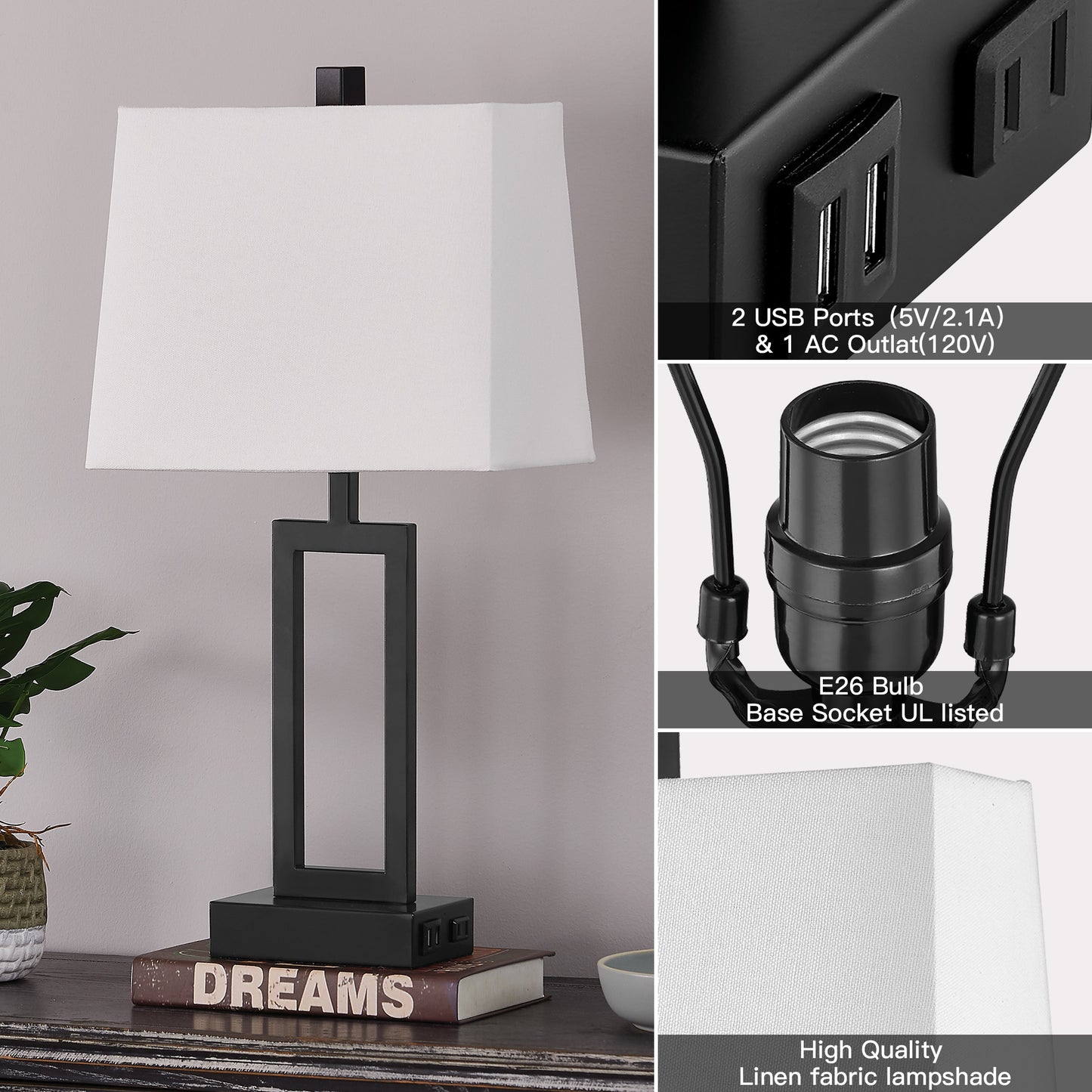 Twinset Table Lamps with Touch-sensitive Switch & Pair of USB Ports & Type-A Socket