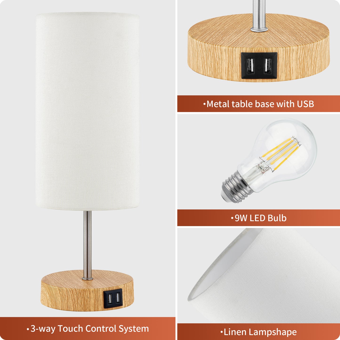Touch-Control Table Lamp with Dual USB Ports and 3-Way Dimmable Illumination Featuring Elegant White Fabric Shade