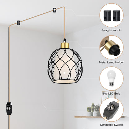 Pendant Light with Black Dome Cage Frame & Adjustable Power Cord