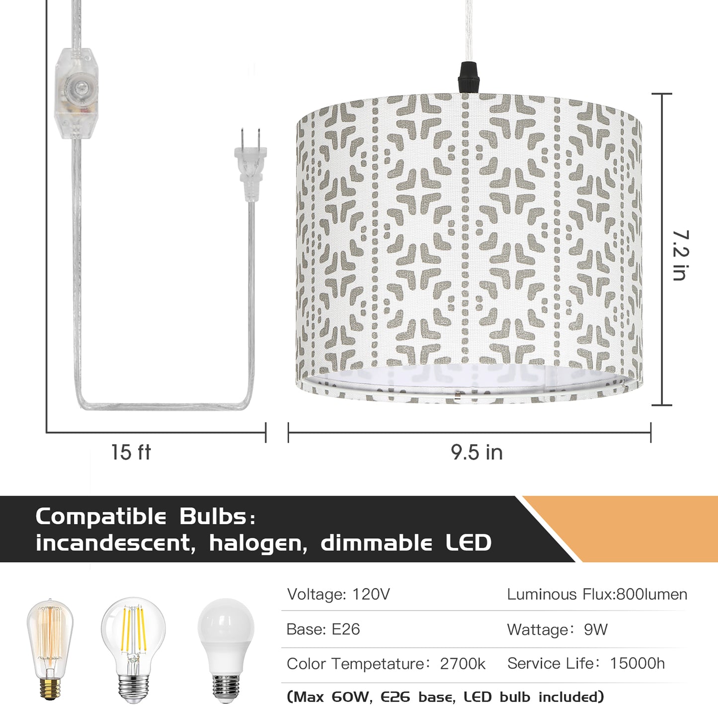 Drum-Shaped Pendant Light with Adjustable Length, Multi-Directional Illumination, and Dimming