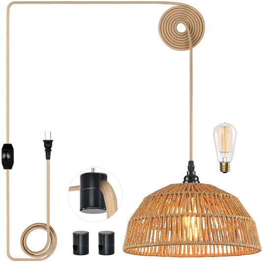 Pendant Lights Twinset with Natural Hand-woven Rattan Dome