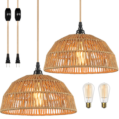 Pendant Lights Twinset with Natural Hand-woven Rattan Dome