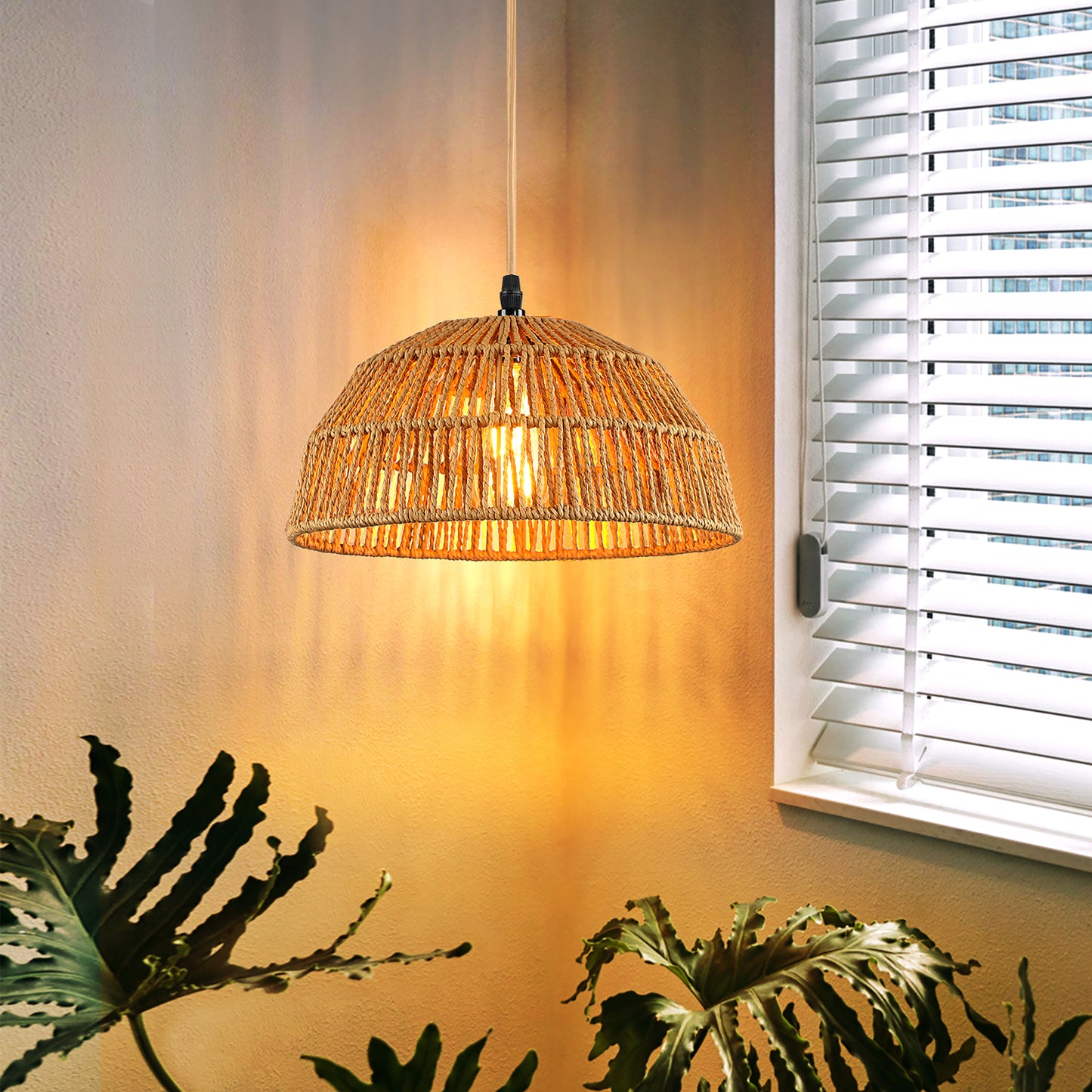 Pendant Lights Twinset with Natural Hand-woven Rattan Dome