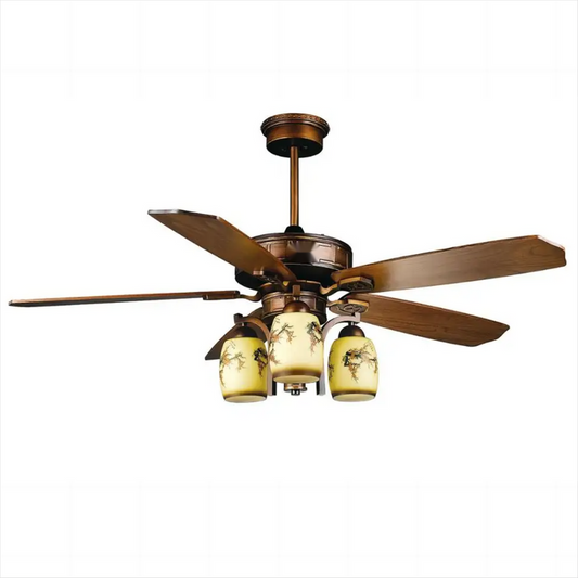 Chinese Retro Style Ceiling Fan 52 Inch Decorative Flower Design Glass Lamp 5 Solid Wood Blades Ceiling Fan with Light